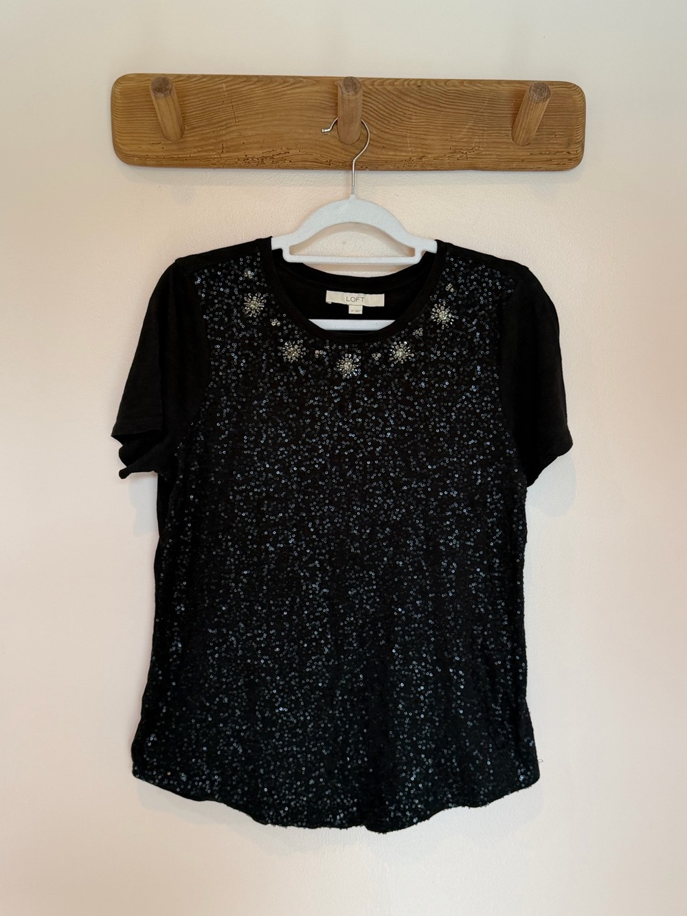 LOFT Black Sequin & Jeweled Short Sleeve Tee - M